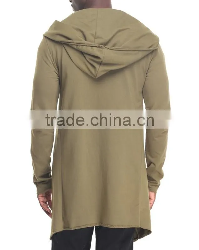 Open front Long sleeve men's elongated hoody coat attached hood made in China factory