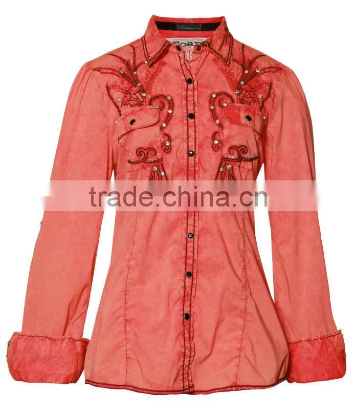 Womens cotton poplin shirt with heavy emboridery,crystal decoration shirt with two chest pockets,roll up the sleeves