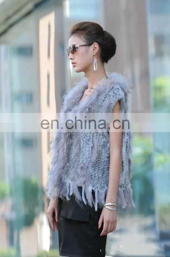 European style knitted rabbit fur vest with raccoon fur trimming for women