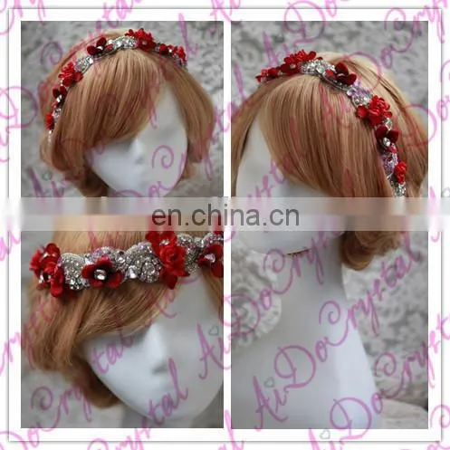 Aidocrystal Red vintage lace wedding hairpiece, ivory lace bridal hair accessories, rhinestone headband with pearl