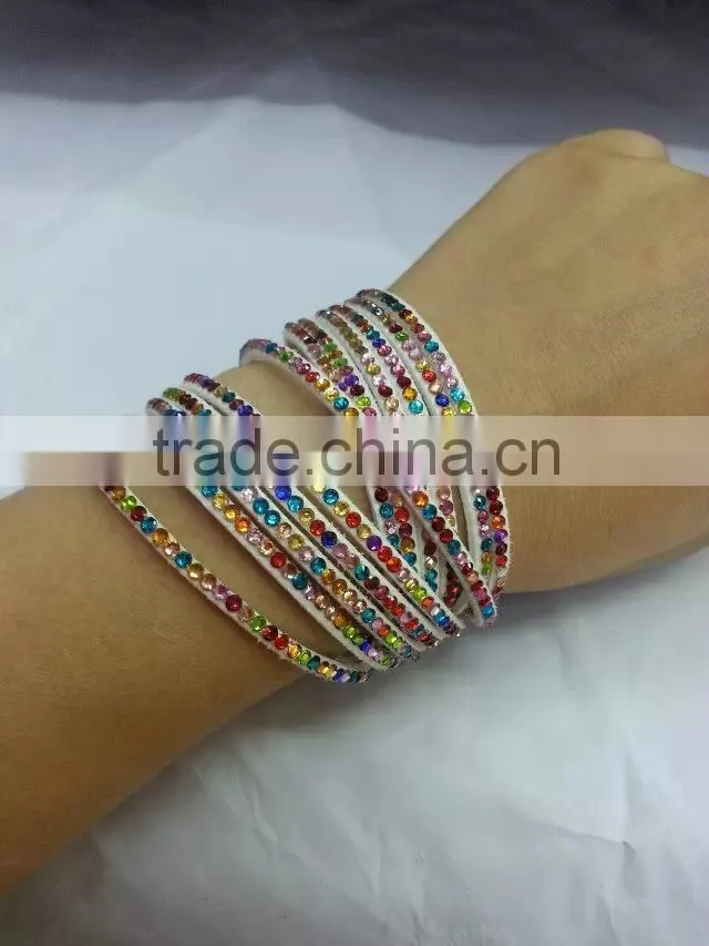 hotsale multi color rhinestone locket leather bracelet