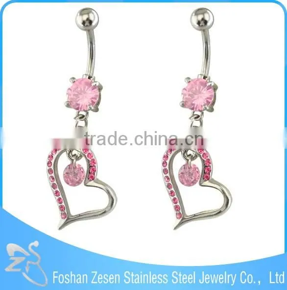 Newest promotional pink zircon hanging crystal heart durable navel rings supplies