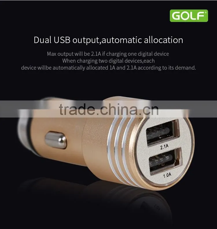 GOLF original GF-C06 Bullet series metal matt car charger 2.1A/1A Dual USB Fast charging car charger for universal device