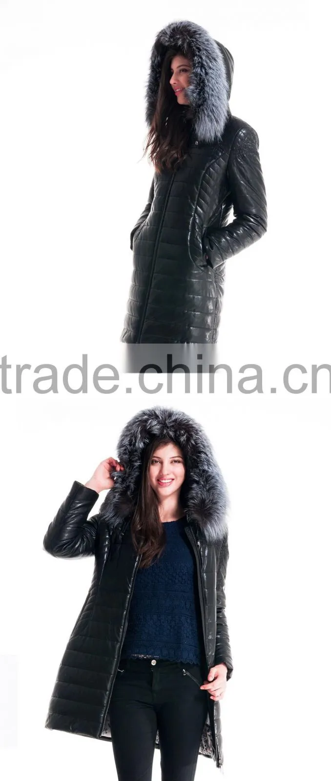 Winter Women Leather Medium Length Slim Fit Embroidered Coat With Brown Fox Hat Clothes