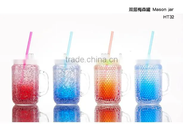 16oz as double wall insulated Gel and beads and liquid water mason jar plastic and freezer mug with straw and handle