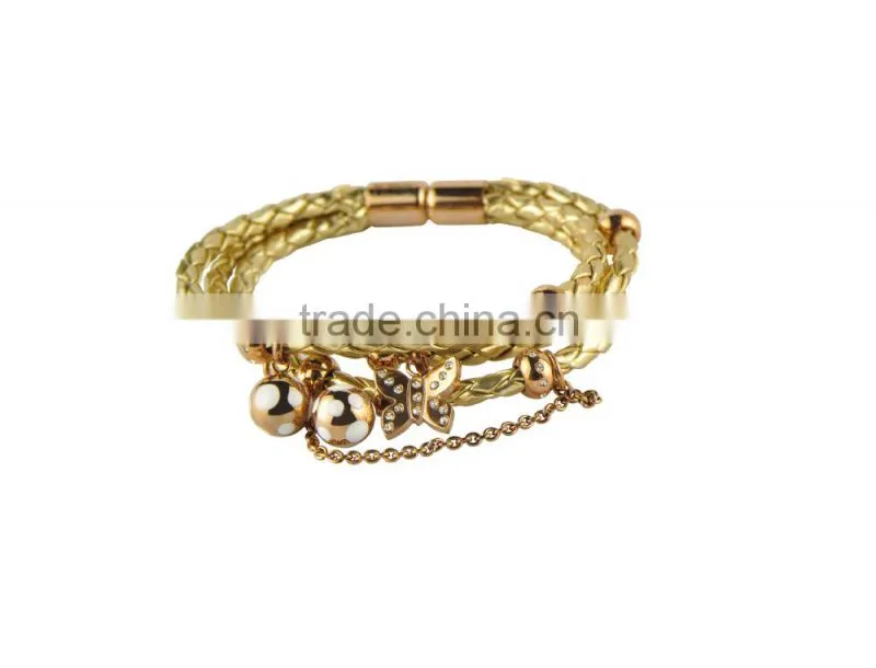 Charm Stainless Steel Leather Bangle Gold Plating 316L Leather Bracelet With Ball and Butterfly Pendant