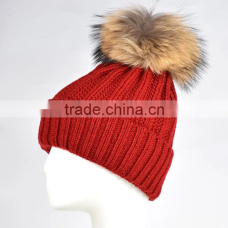Winter Women Raccoon Fur Pom Pom Bobble Knit Braided Hat