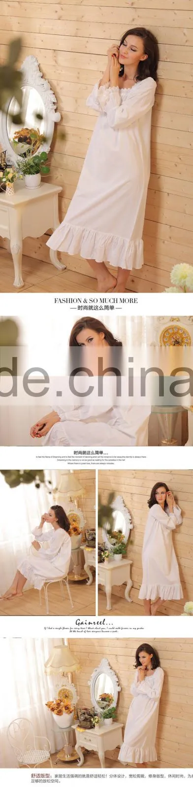 Cotton Woman's Nightgown, Long Sleeve Sleep Dress Fashion Sleepwear White Cotton Long Sleeve sleep Dress