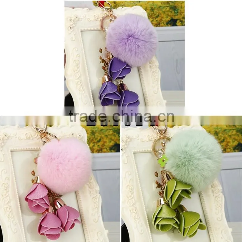 2017 new trinket Keychain pompons rabbit fur fluffy Pom Pom key chains for cars keyrings