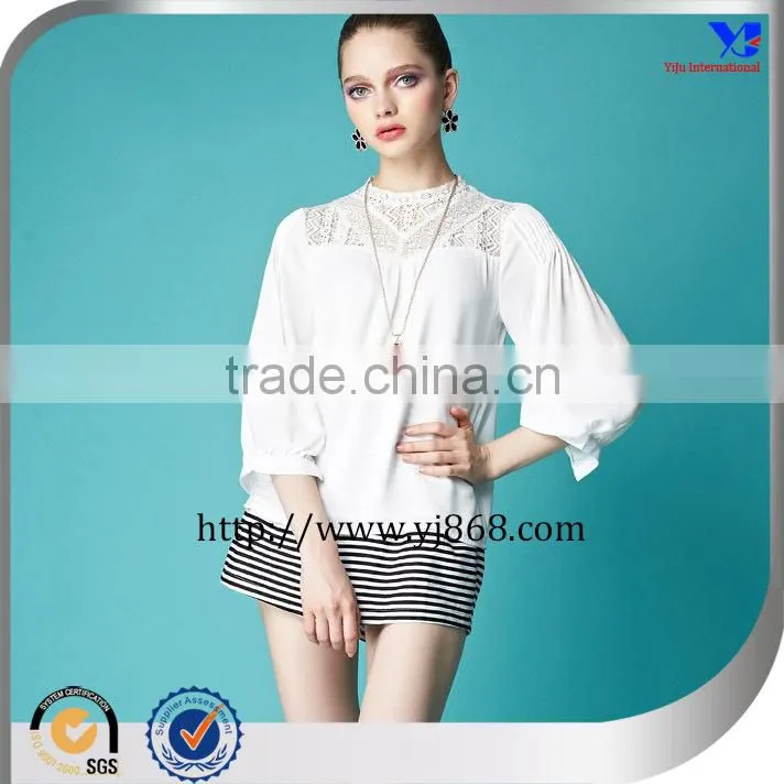 Long sleeves white lace decoration chiffon style blouse