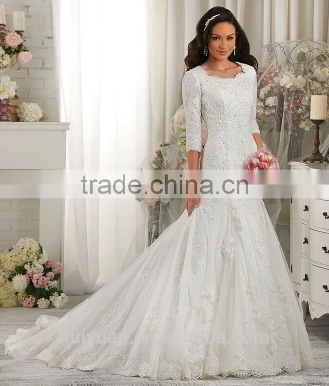 plus size mermaid lace long sleeve wedding dress for fat woman