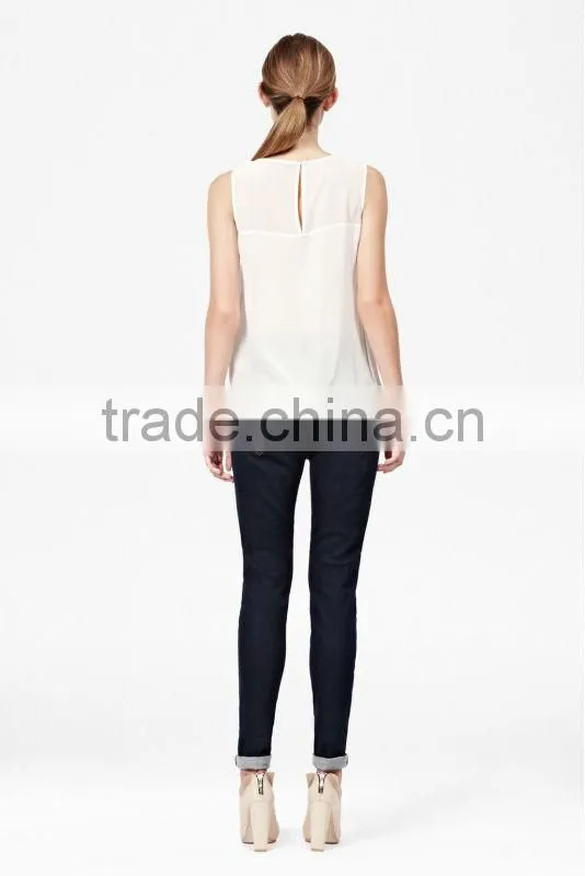 Round Neck Sleeveless Chiffon Blouse with Sheer Top
