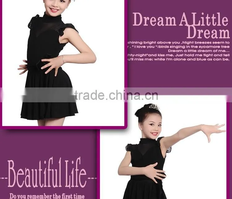 Girl Child Elegant Black Dance Skirt Suit Kids Mesh High Neck Sleeveless Latin Dance Leotard