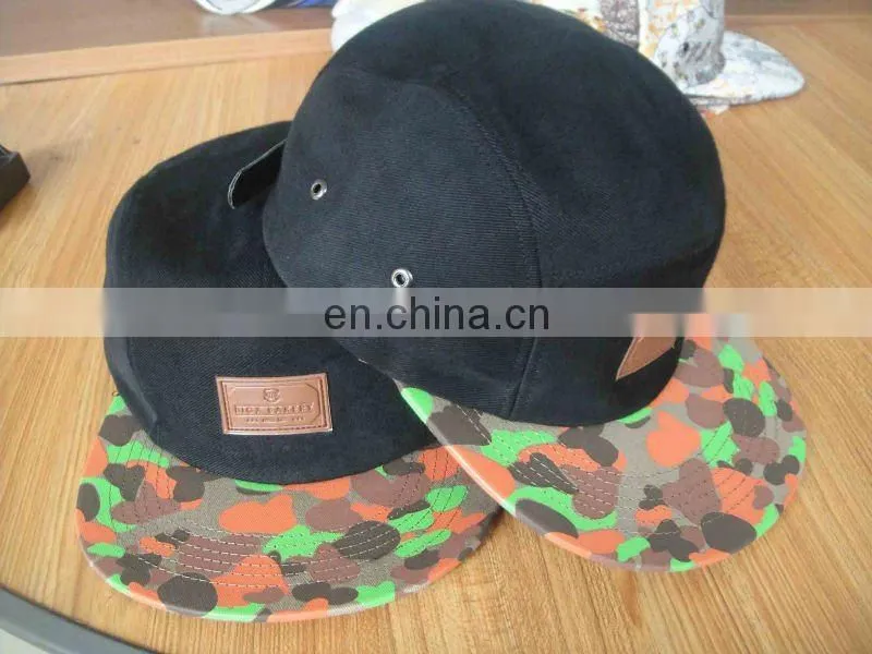 Black 5 panel hat with printing flat brim