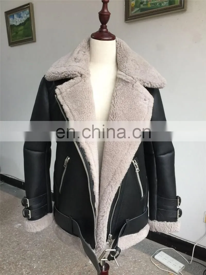Wholesale Winter Long Style Double Face Sheepskin Ladies Fox Fur Leather Jacket