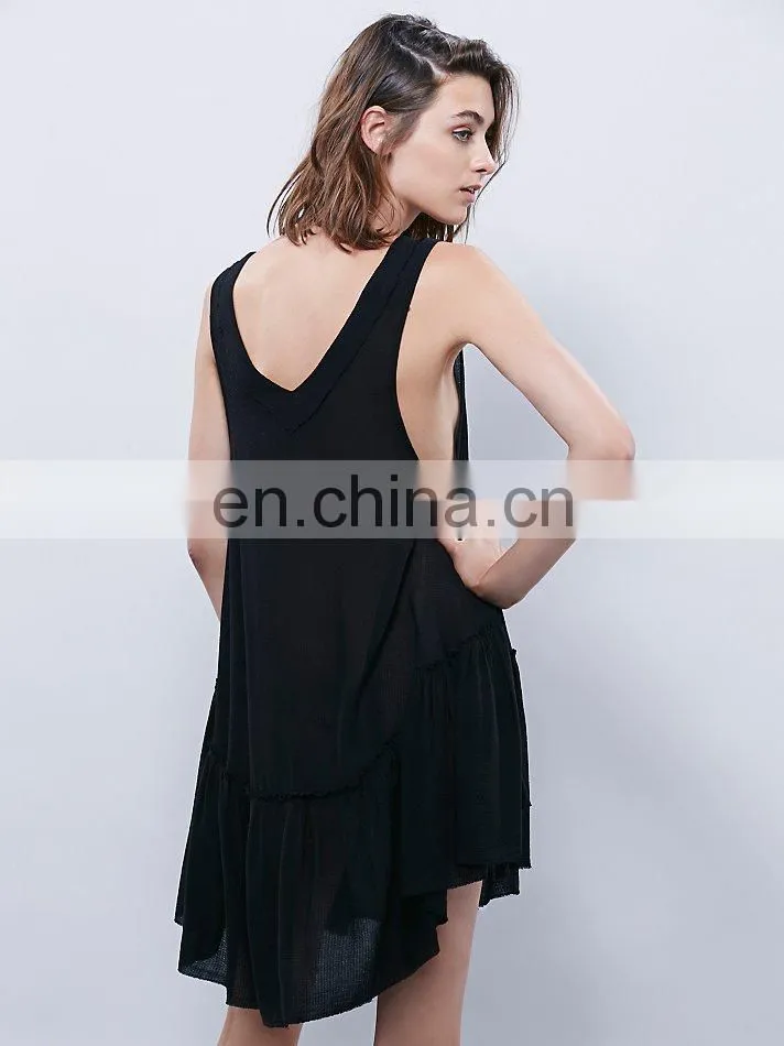 High quality deep v neck little black dress, woman sleeveless mini dress