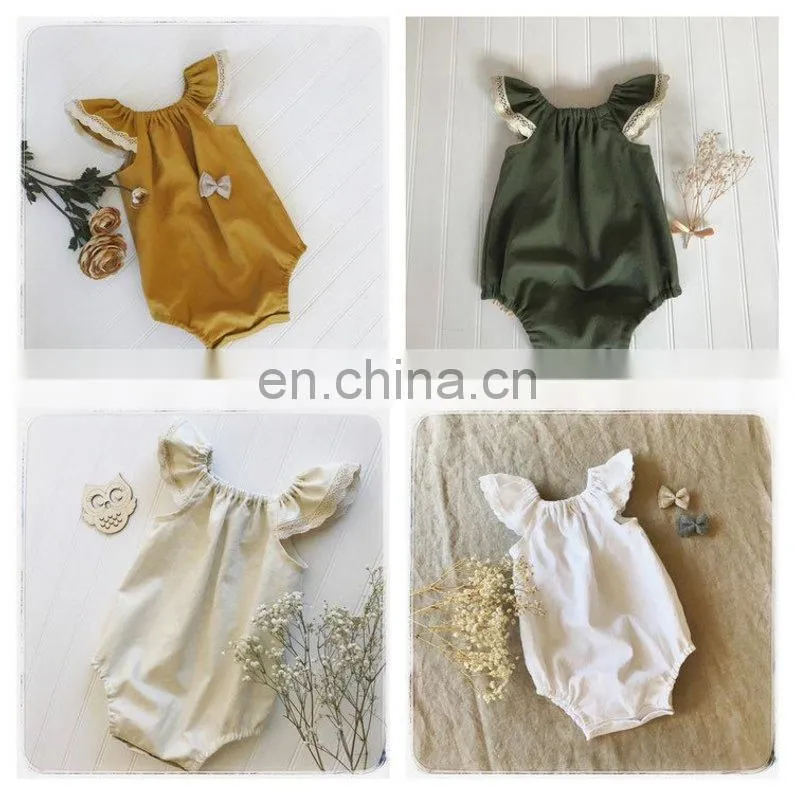 Wholesale Baby Fashion Cotton Clothes Baby Girls Princess Lace Ruffle Sleeve Linen Romper