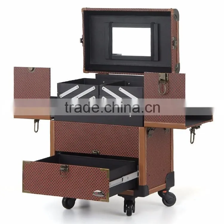 Hot selling professional cosmetic rolling PVC trolley case 360 degree makeup case with wheels