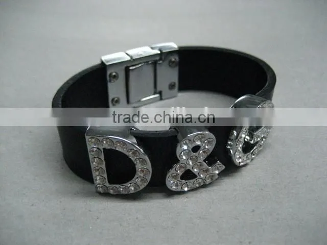 18mm Width Black Genuine Leather Letter Wristbands