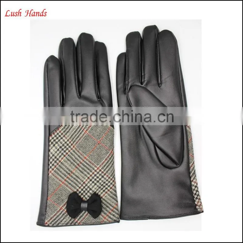 ladies high-quality black leather gloves with checked cloth handback