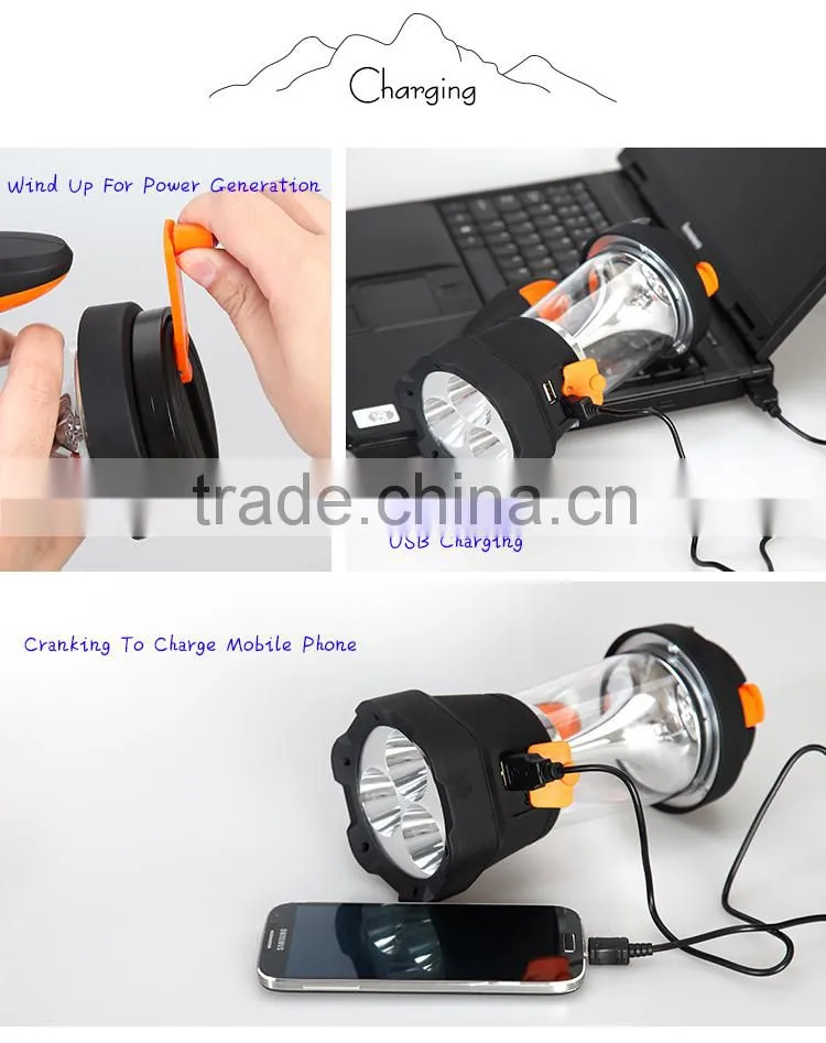 Outdoor USB 4 In 1 Rechargeable LED Spotlight Crank Camping Lantern with mobile charge