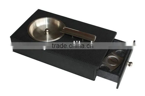 men's gift pratical black leather cigar ashtrays with drawer