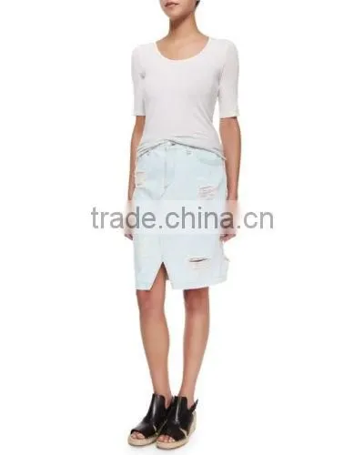 100% Cotton Wholesale Destroyed Zip Fly Straight Hem Summer Maxi Jeans Skirt For Lady