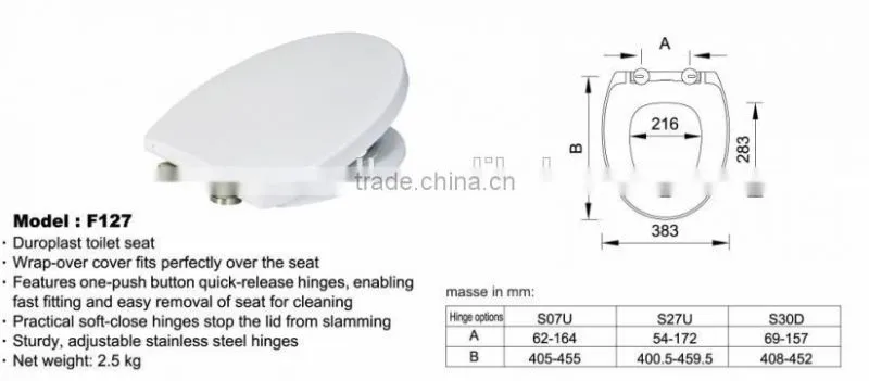 European Standard Duroplast Toilet Seat with Soft Close Hinge Suitable for your Bathroom