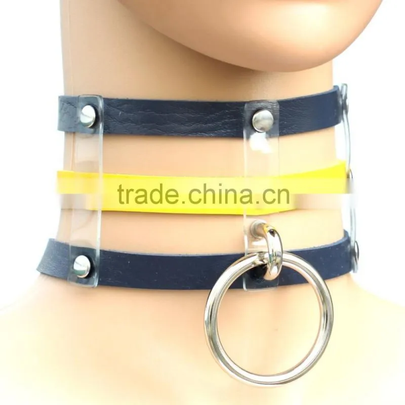 Punk Goth Rivets Choker Handmade Three Row Caged Necklace black Leather Big O Round Choker Collar Necklace Fashion jewelry