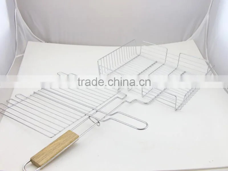 Outdoor Barbecue Nonstick Hamburger Grilling Basket With Wood Handle