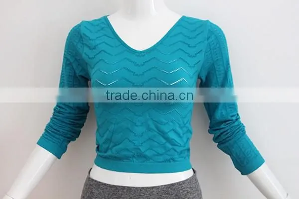 V-neck ladies seamless long sleeve shirt with hollow out wave style hole