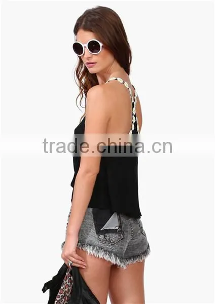 Black Daisy Embellished Lady Sleeveless Tank Top