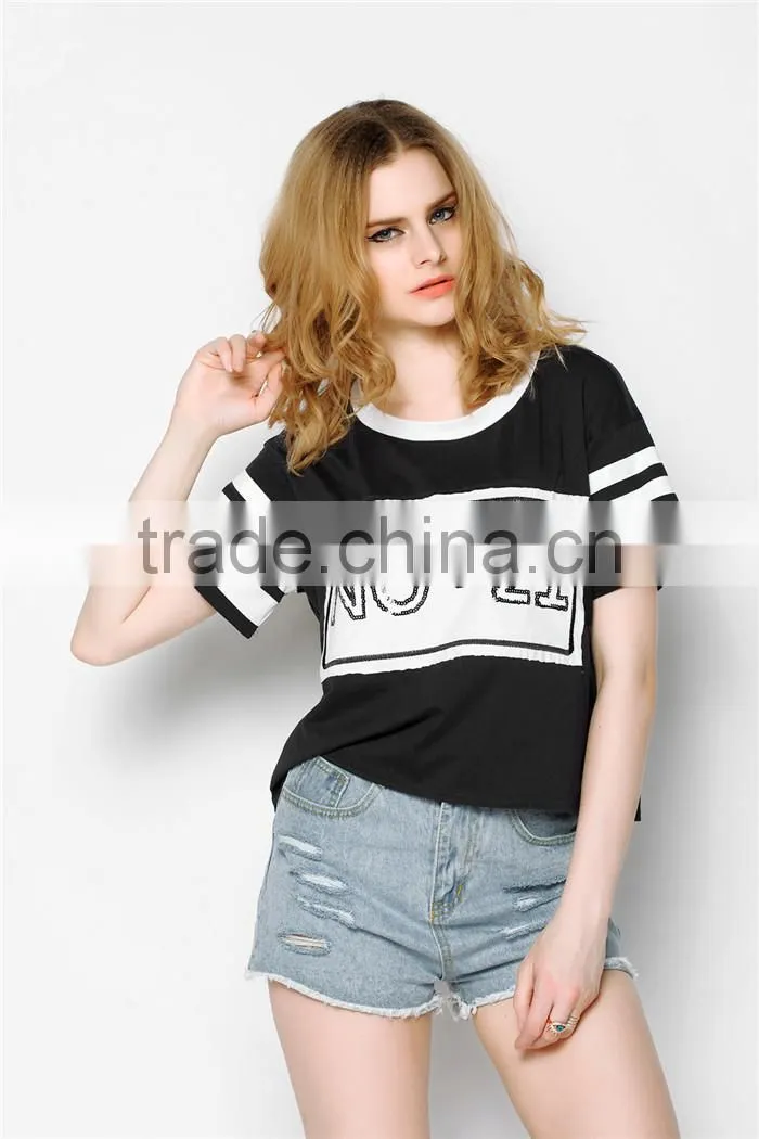 sports style latest 2015 summer elegant shirts for ladies with paillettes decoration