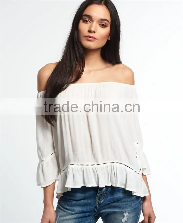 2017 Guangzhou Shandao Latest Fashion Summer Design 3/4 Flare Sleeve Round Neck Printed Loose Ladies Chiffon Tops