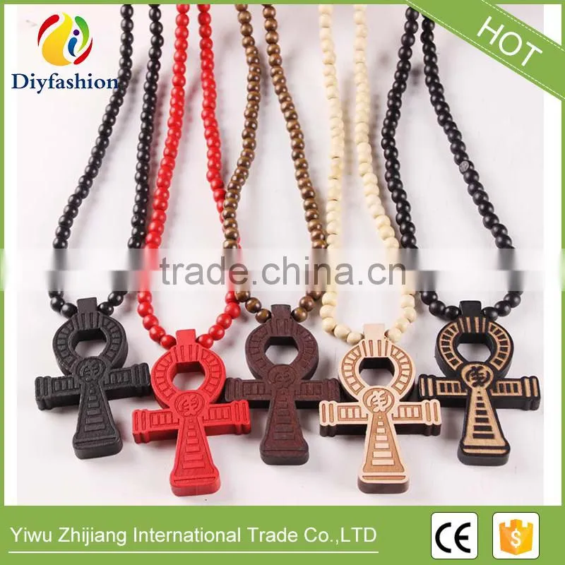 wooden hip hop cross pendant with rosary beads chain men's jewelry