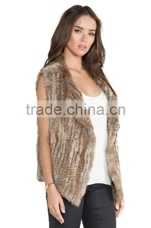 YR321 New RU Design Turn-down Collar Real Natural Knitted Rabbit Fur Vest