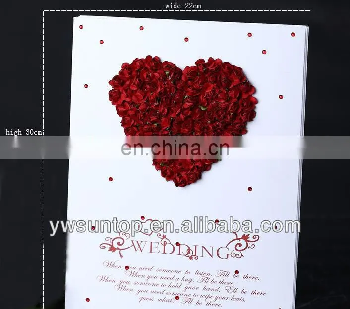 2015 cheap Novel heart design with rose decoration wedding guest book