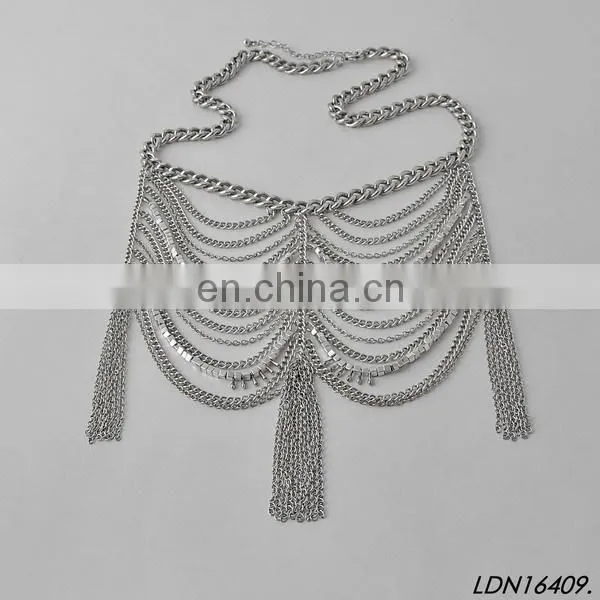 NEW WOMEN SILVER MULTI LAYERS TIE TUXIDO CHAINS WAVE METAL BODY JEWELRY