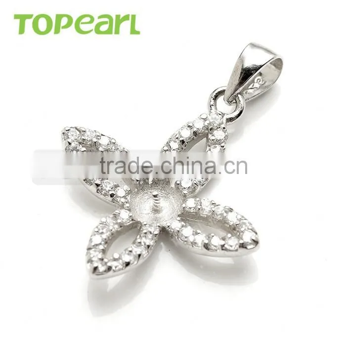 Four Petals 925 Sterling Silver Pendant Mountings Clear Cubic Zirconia Jewelry Findings & Components 9PM122