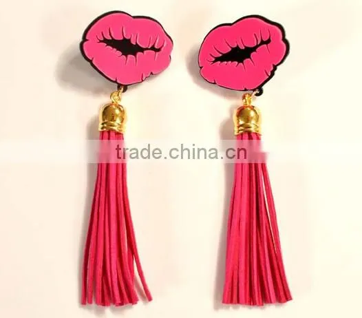 Blue Hot pink PU Leather Tassel Lips Dangle Earrings 2016 New Arrival Brincos Longos For Women
