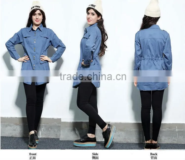 Denim Jacket 2014 New Women Coat Female Long European Full Regular Sleeves Slim metal buttons jean jackets Solid WholeSale