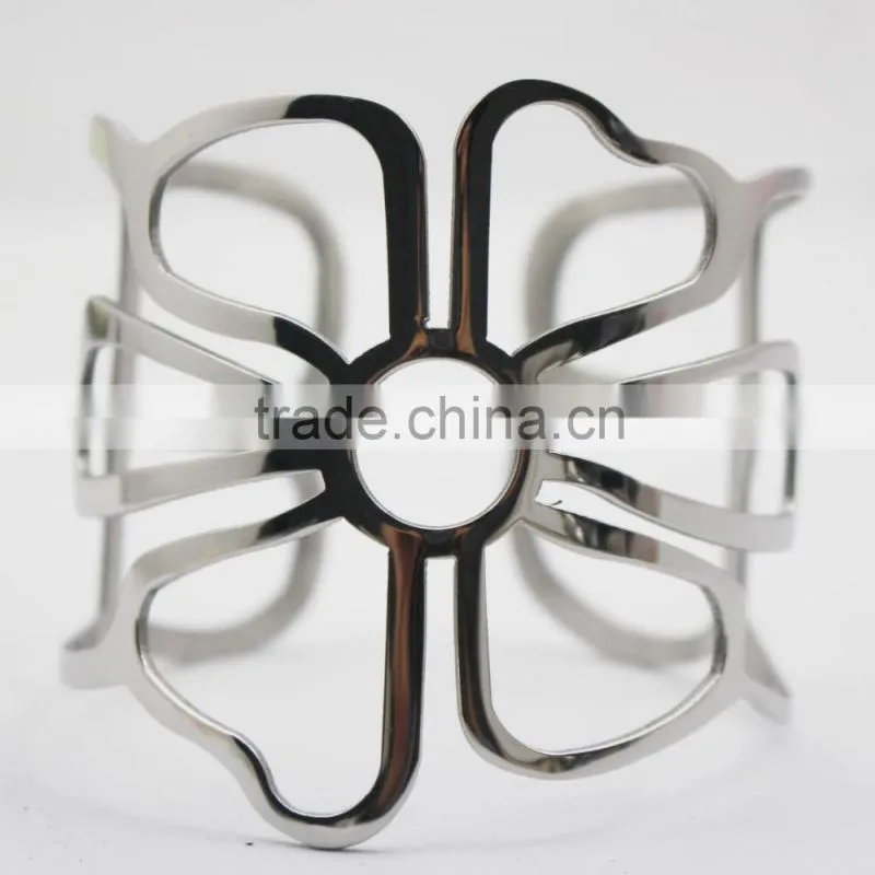 Stainless Steel Wide Plain Silver Flower Cuff Bangle Jewelry