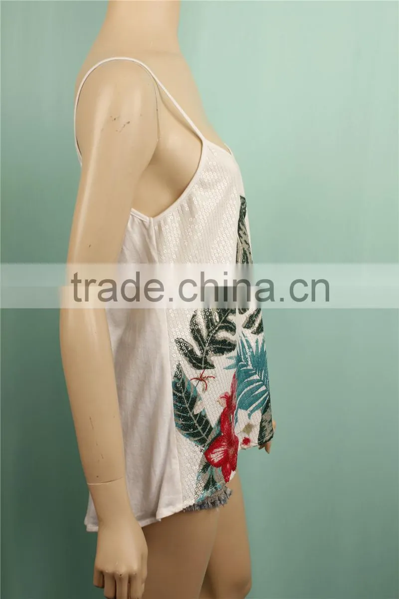 2016 S/S fashion design sleeveless front print ladys sequin tank top