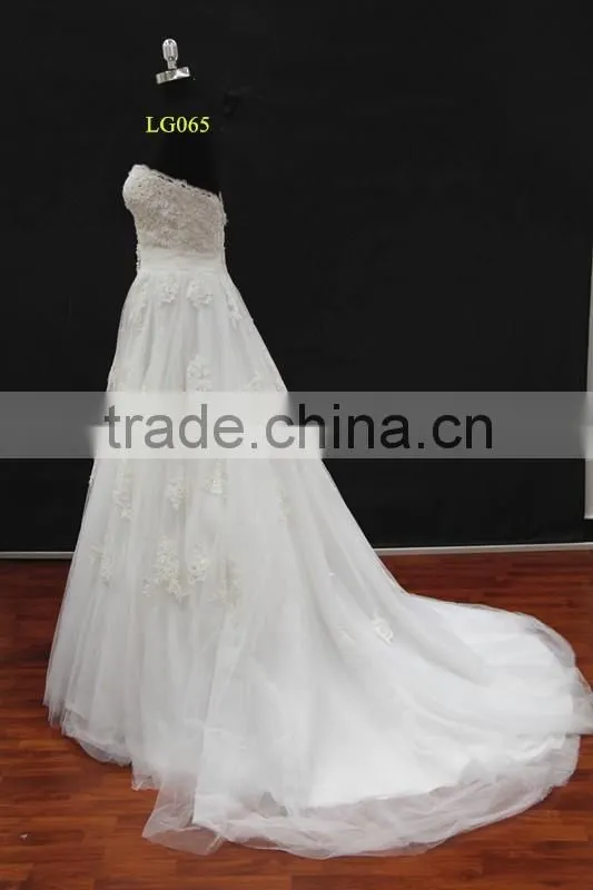 New beading lace appliques tulle drapping belt with beading trim sweetheart wedding dress