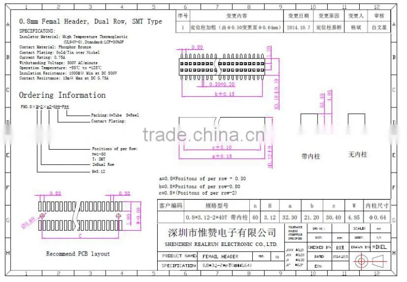 Gold Plated 0.8mm Pitch Double Row SMT Female Header