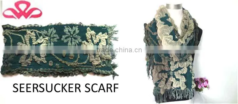 WLDL-R1310-2 100%Polyester seeksucker fabric olive green loom knitting scarf