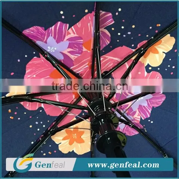 beautiful heat transfer printing auto open 3 folding umbrellas with custom brand logo label