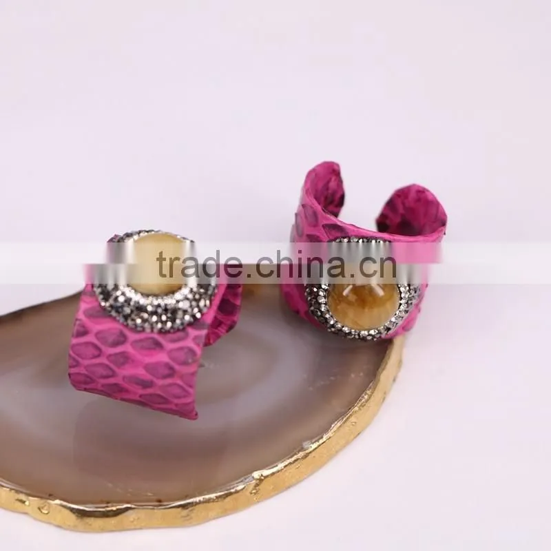 Fashion Agate, Turquoise Gemstone Snakeskin Rings, with Crystal Zircon Paved Charm Jewelry Finger Druzy Ring