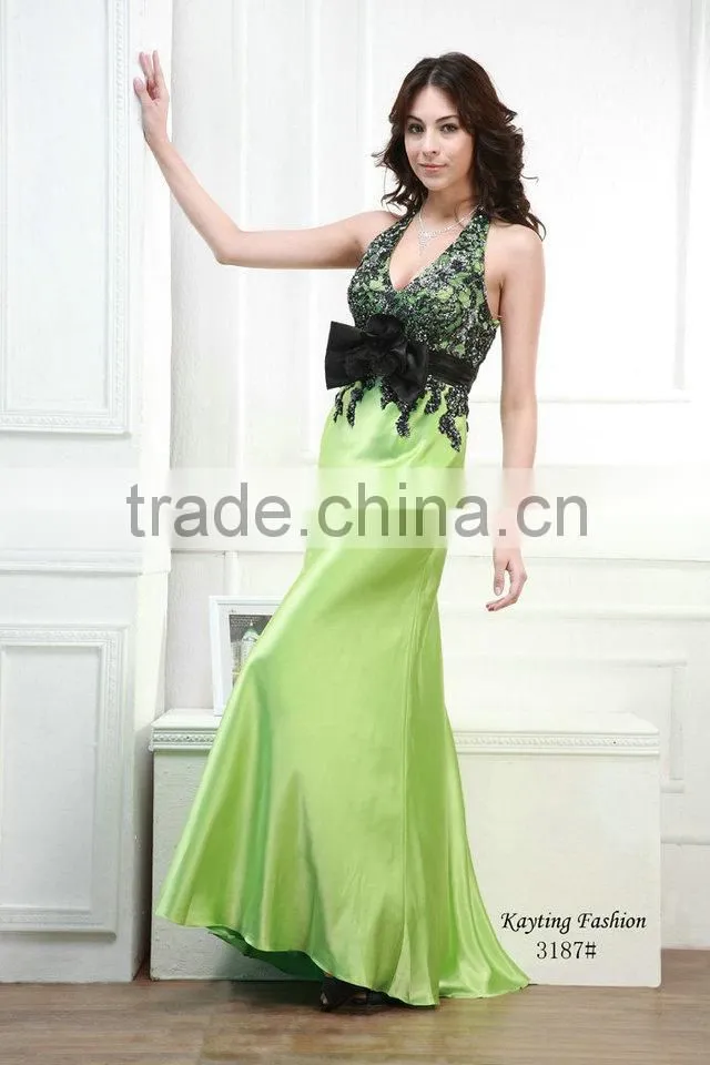 Graceful Beaded Applique Sequins Spaghetti Strap Green Evening Dress