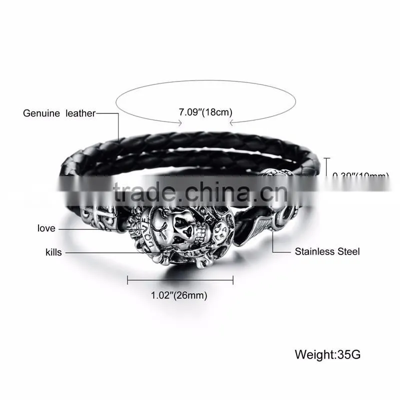 New trending skull style stainlesss steel genuine leather bracelet men